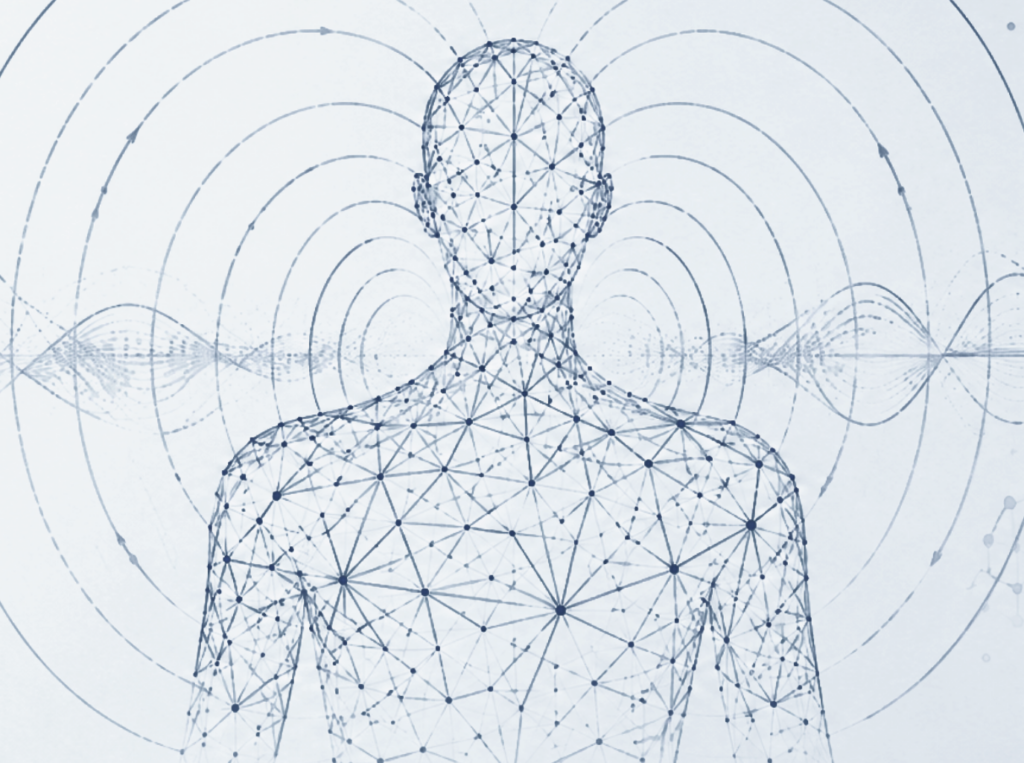 Illustration representing pulsed electromagnetic field (PEMF) technology and its interaction with the human body.